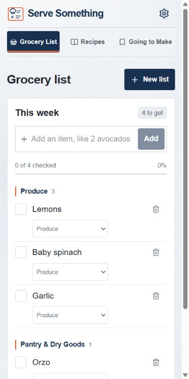 Serve Something mobile grocery list with Produce and Pantry categories