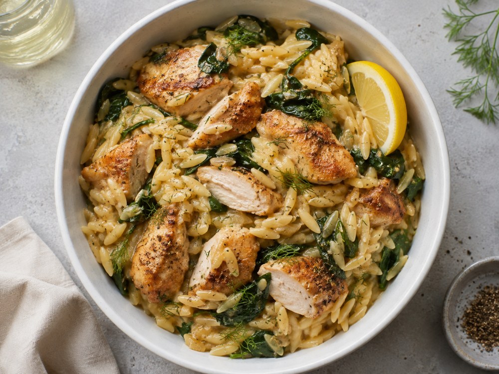 Golden chicken and orzo with spinach and fresh lemon